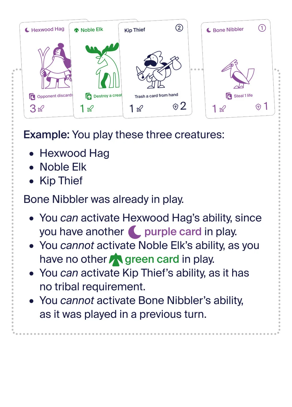 Main phase example: activating creature abilities and tribal requirements.