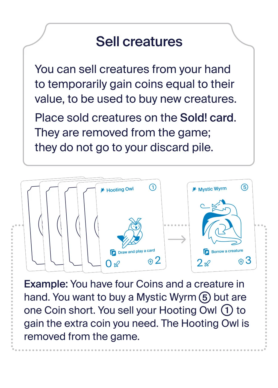 Main phase: sell creatures from your hand to gain coins.