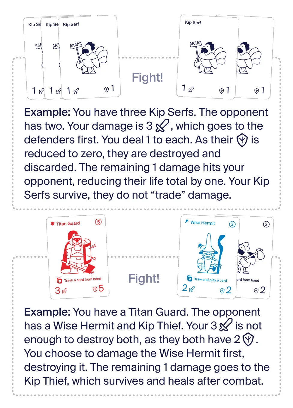 Combat examples showing how damage is assigned to defending creatures.