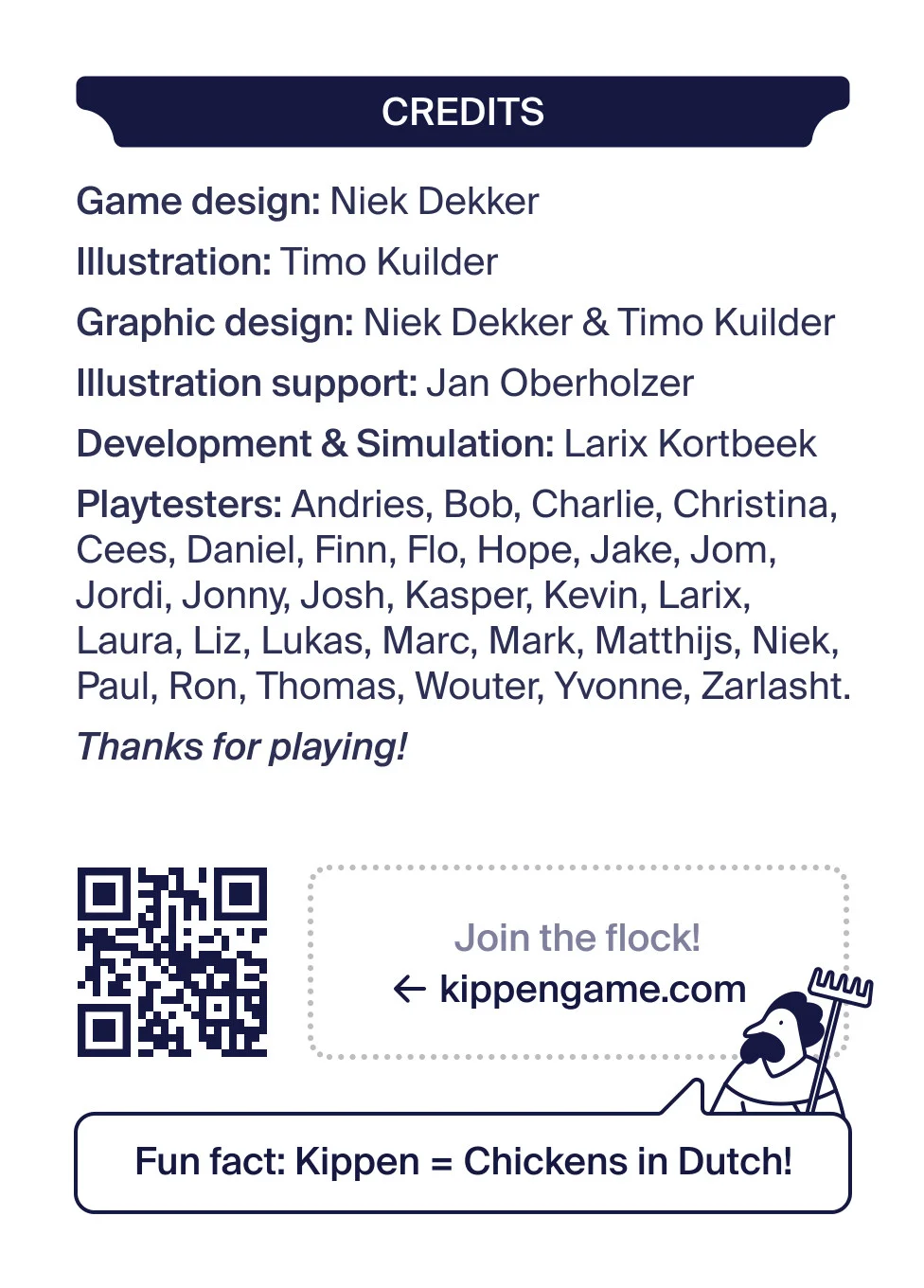 Credits. Join the flock at kippengame.com.